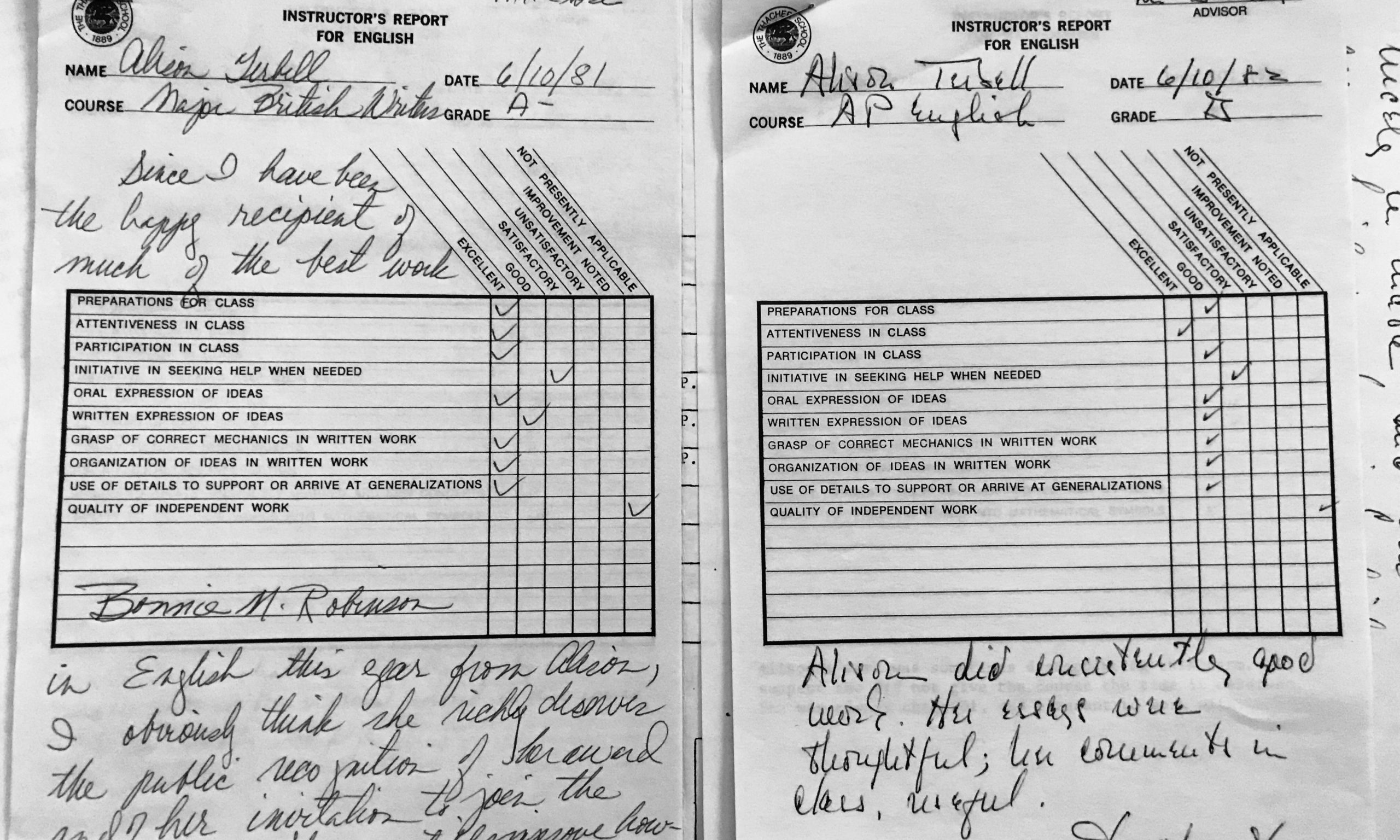 Real Report Card From The 80s